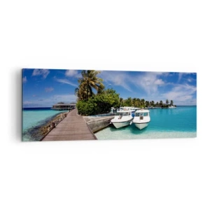 Impression sur toile - Image sur toile - Une jetée sur une mer turquoise avec des bateaux et des palmiers - 140x50cm - Et cependant, le paradis existe bien - Décoration murale moderne pour le salon et la chambre ARTTOR