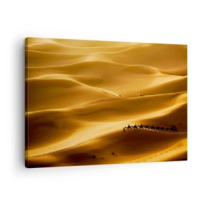 Impression sur toile - Image sur toile - Une caravane de chameaux errant à travers les dunes dorées du désert. - 70x50cm - Caravane sur les vagues du désert - Décoration murale moderne pour le salon et la chambre ARTTOR