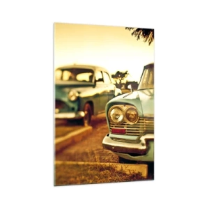 Impression sur verre - Image sur verre - Voitures classiques dans la chaude lumière du coucher du soleil - 70x100cm - Nous attendrons et verrons - Décoration murale moderne pour le salon et la chambre ARTTOR