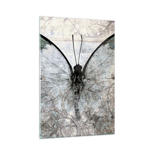 Impression sur verre - Image sur verre - Un papillon dans les tons de vert et de gris sur un fond décoratif - 80x120cm - Dans le style Art Nouveau - Décoration murale moderne pour le salon et la chambre ARTTOR