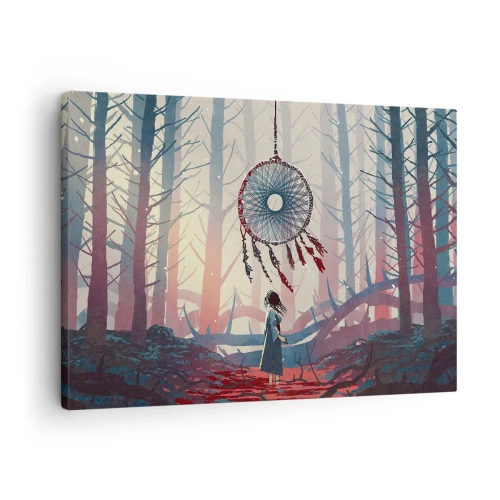 Impression sur toile - Image sur toile - Scène de forêt avec un attrape-rêves géant - 70x50cm - Rituel secret du bonheur - Décoration murale moderne pour le salon et la chambre ARTTOR
