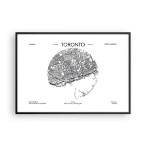 Affiche dans un cadre noir - Poster - Une carte de Toronto dans un style minimaliste en noir et blanc - 100x70cm - Anatomie de Toronto - Décoration murale moderne pour le salon et la chambre ARTTOR