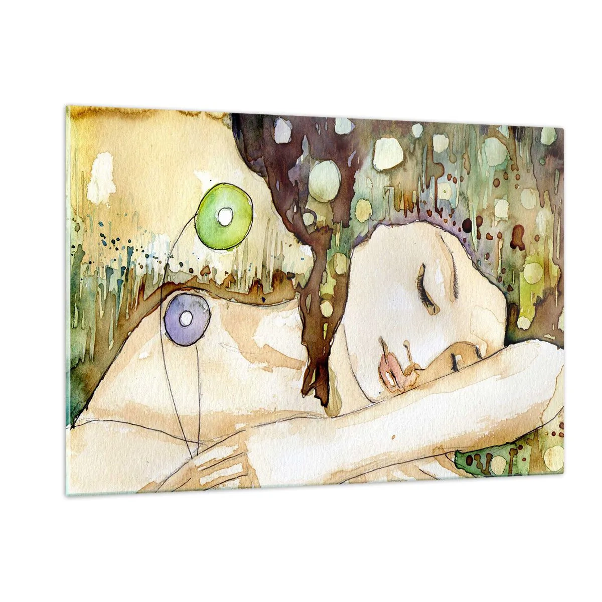Impression sur verre - Image sur verre - Une femme endormie dans une aquarelle artistique aux couleurs chaudes. - 120x80cm - Un rêve violet émeraude - Décoration murale moderne pour le salon et la chambre ARTTOR