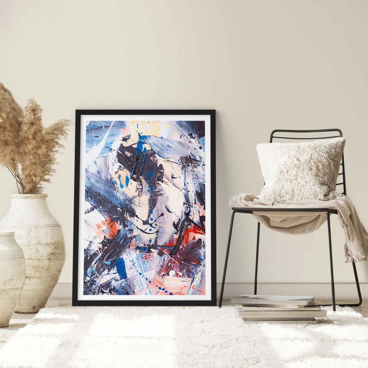 Affiche dans un cadre noir - Poster - Composition abstraite dans les tons de bleu et d'orange - 50x70cm - La danse folle de l'abstrait - Décoration murale moderne pour le salon et la chambre ARTTOR