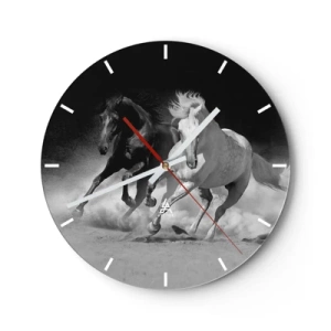Horloge murale - Pendule murale - Un motif noir et blanc de chevaux au galop sur un fond poussiéreux. - 30x30cm - Galop de la liberté - Décoration murale moderne pour le salon, la cuisine et la chambre ARTTOR