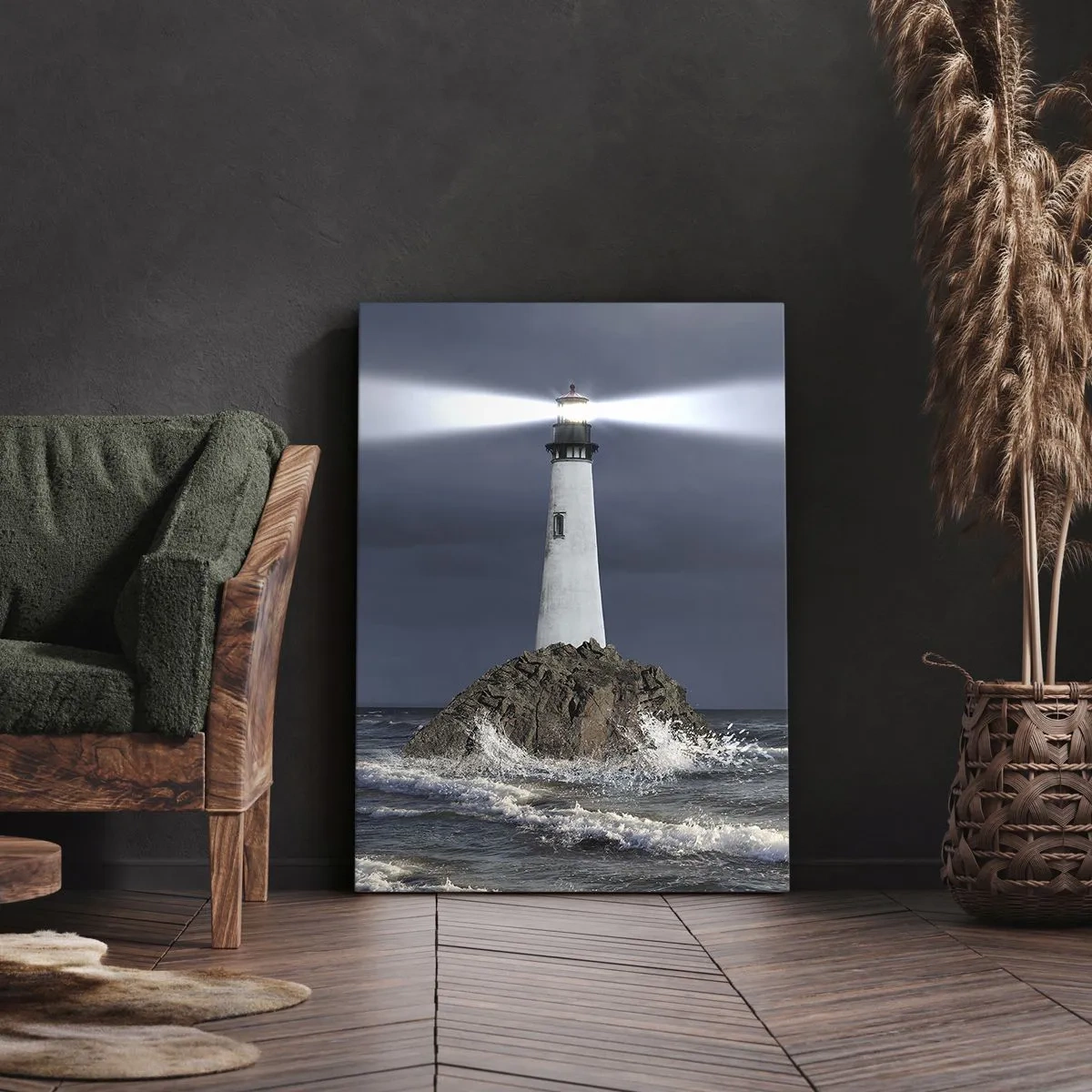 Impression sur toile - Image sur toile - Un phare sur un rocher entouré d'une mer agitée - 80x120cm - I… i… ici ! - Décoration murale moderne pour le salon et la chambre ARTTOR