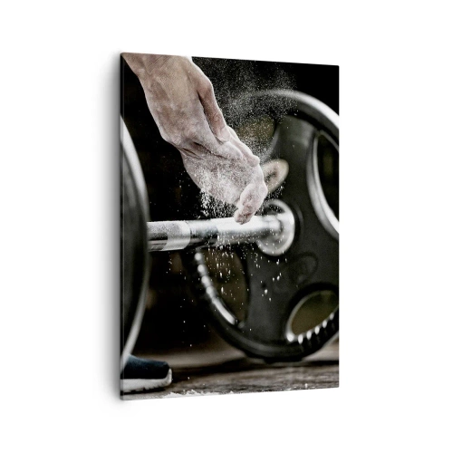 Impression sur toile - Image sur toile - Des haltères et les mains d'un athlète se préparant à l'entraînement - 50x70cm - Défi accepté! - Décoration murale moderne pour le salon et la chambre ARTTOR