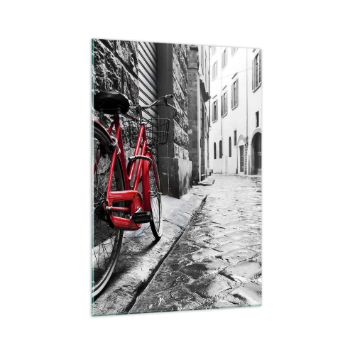 Impression sur verre - Image sur verre - Vélo rouge dans une rue en noir et blanc - 70x100cm - La vraie beauté ne vieillit pas - Décoration murale moderne pour le salon et la chambre ARTTOR