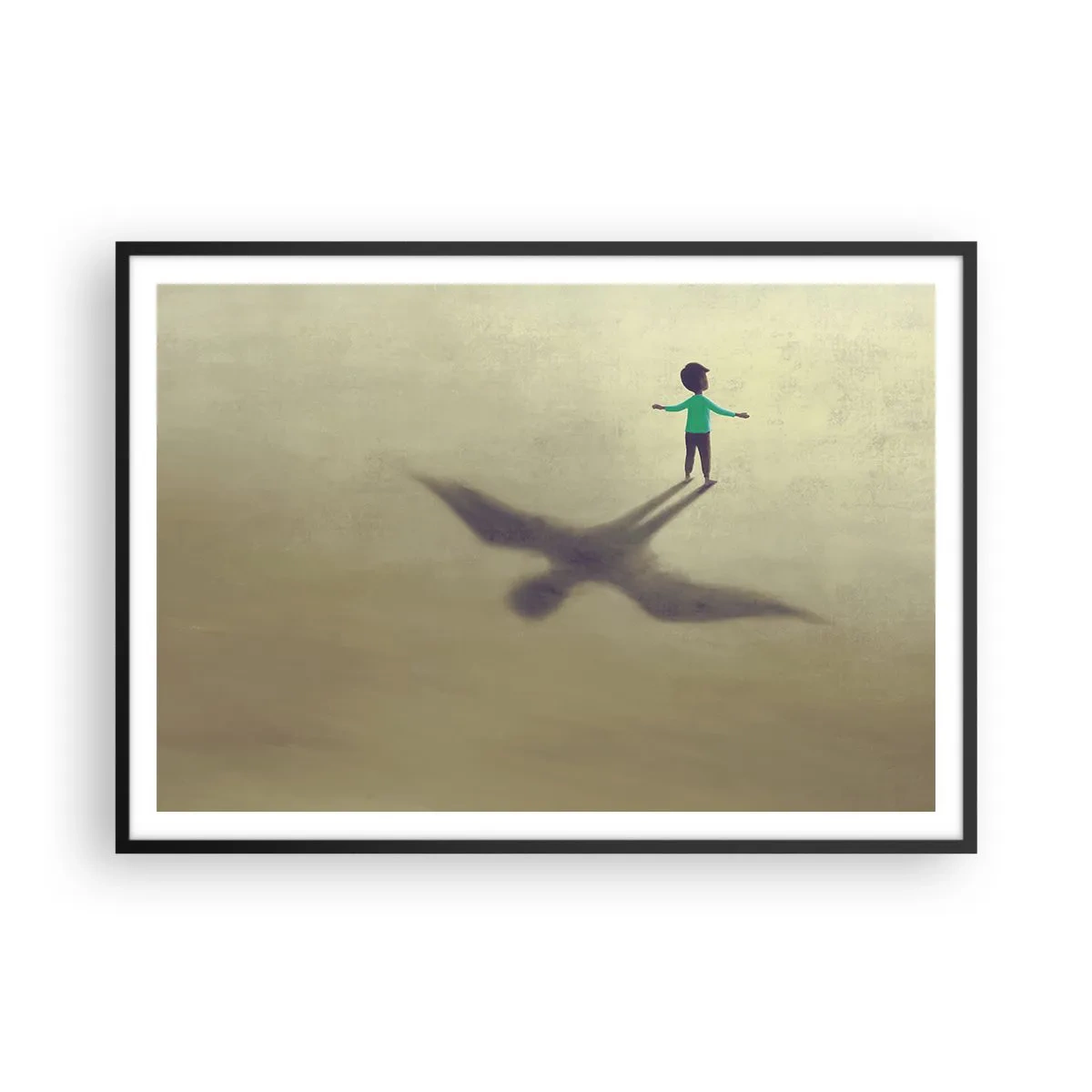 Affiche dans un cadre noir - Poster - Une figure symbolique d'un enfant avec l'ombre d'un oiseau sur un fond aux tons chauds. - 100x70cm - Héros du futur - Décoration murale moderne pour le salon et la chambre ARTTOR