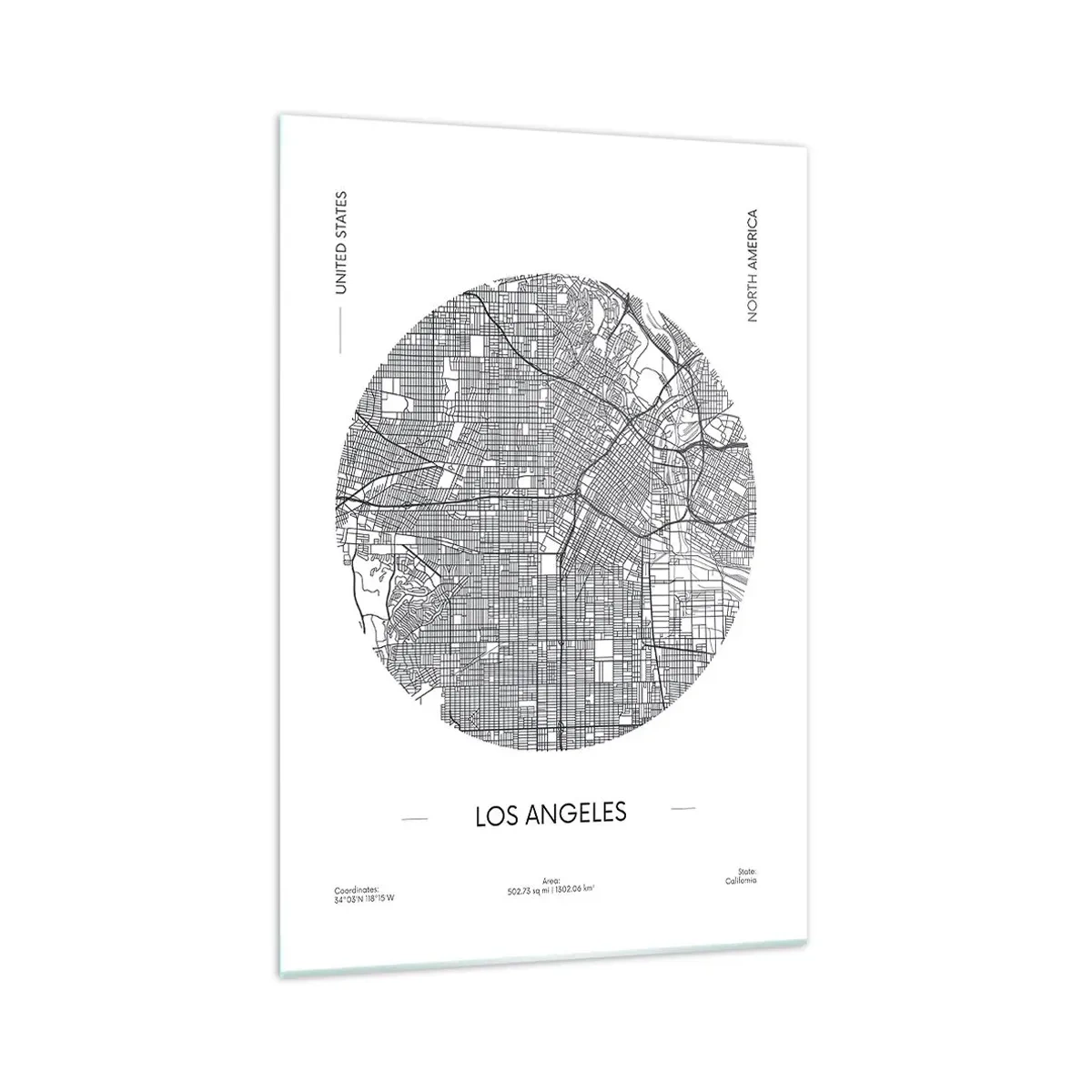 Impression sur verre - Image sur verre - Une carte de Los Angeles dans un style minimaliste en noir et blanc - 70x100cm - Anatomie de Los Angeles - Décoration murale moderne pour le salon et la chambre ARTTOR