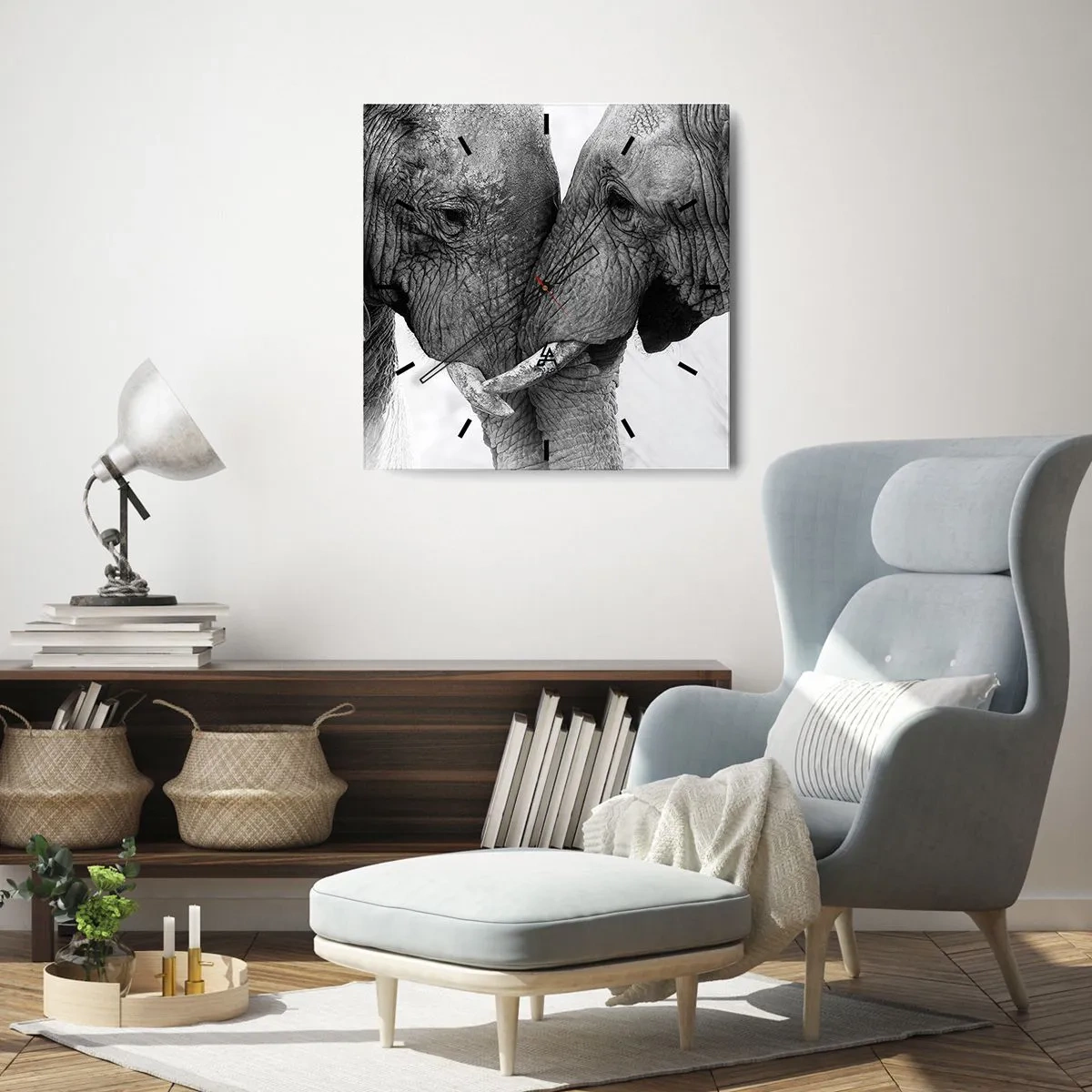 Horloge murale - Pendule murale - Deux éléphants dans un geste tendre sur un fond monochrome - 30x30cm - Confession sincère - Décoration murale moderne pour le salon et la chambre ARTTOR