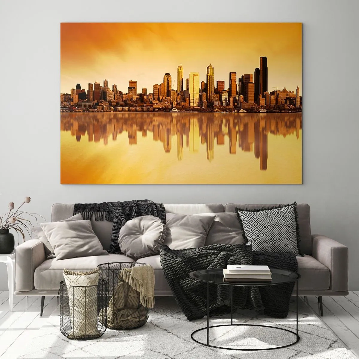Impression sur verre - Image sur verre - Panorama de la ville dans la lumière dorée du coucher du soleil - 120x80cm - Le silence de la métropole - Décoration murale moderne pour le salon et la chambre ARTTOR