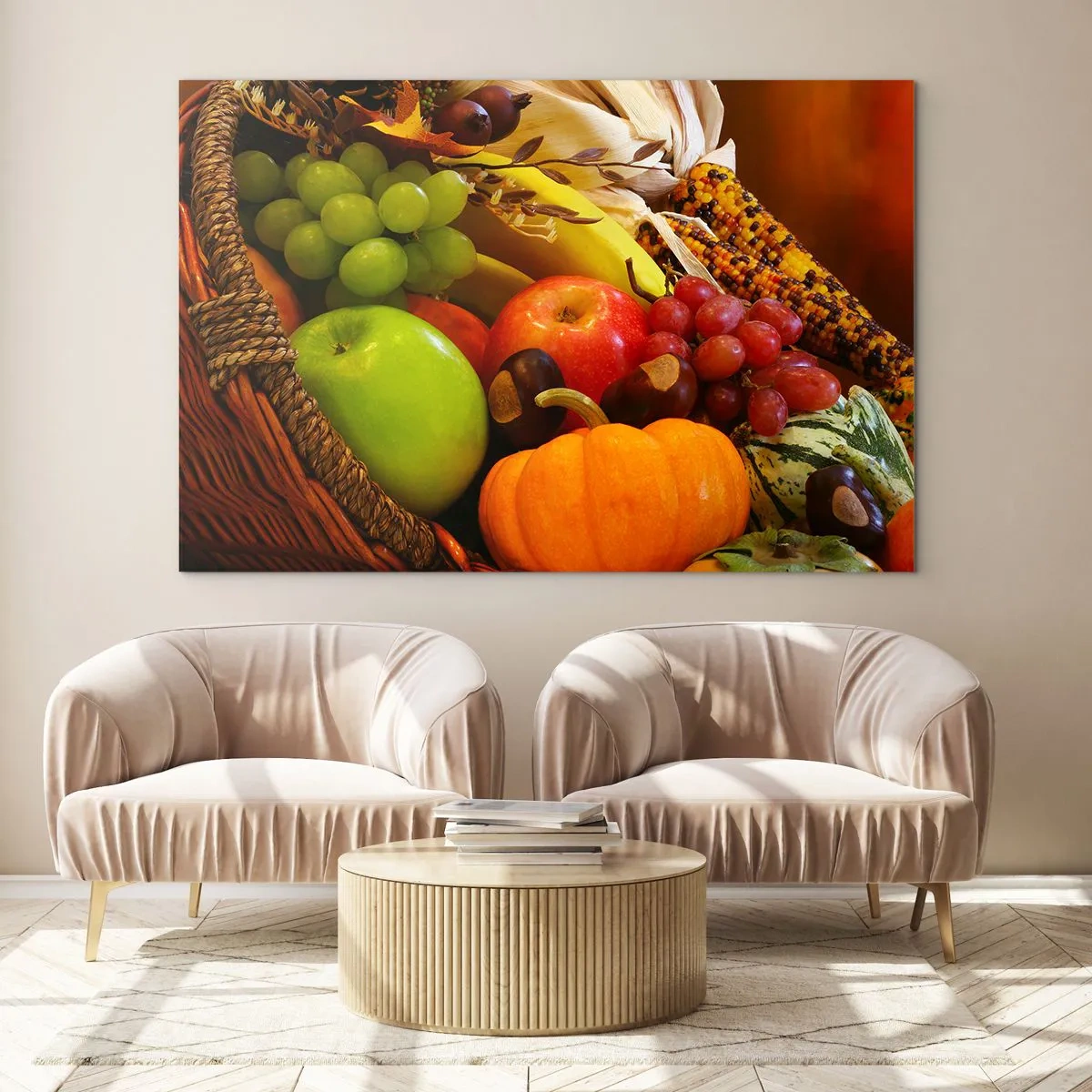 Impression sur verre - Image sur verre - Un panier rempli de fruits et légumes dans un arrangement d'automne - 120x80cm - Panier de récolte - Décoration murale moderne pour le salon et la chambre ARTTOR