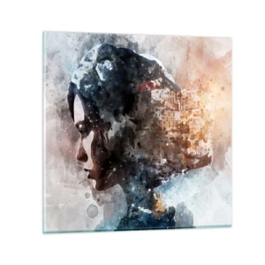 Impression sur verre - Image sur verre - L'histoire d'une fille avec une ville en arrière-plan - 70x70 cm