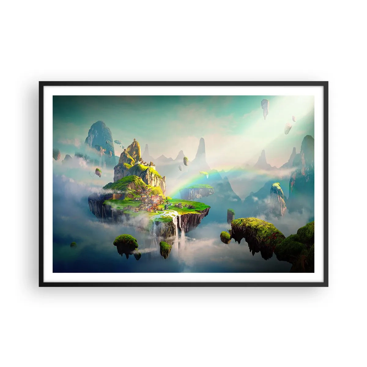 Affiche dans un cadre noir - Poster - Des îles volantes parmi les nuages avec un arc-en-ciel à l'horizon - 100x70cm - Au milieu des cieux - îles du bonheur - Décoration murale moderne pour le salon et la chambre ARTTOR