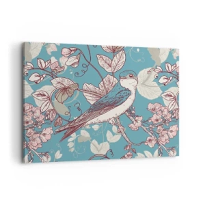 Impression sur toile - Image sur toile - Un oiseau sur une branche dans un style floral délicat - 100x70cm - Dans le bois blanc du rouge et de l'argent - Décoration murale moderne pour le salon et la chambre ARTTOR