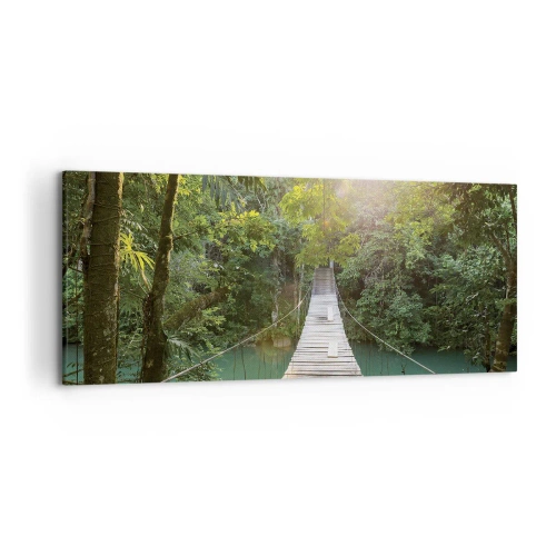 Impression sur toile - Image sur toile - Un pont suspendu dans une forêt tropicale illuminée par la lumière du soleil. - 120x50cm - De l'eau azur à la forêt azur - Décoration murale moderne pour le salon et la chambre ARTTOR