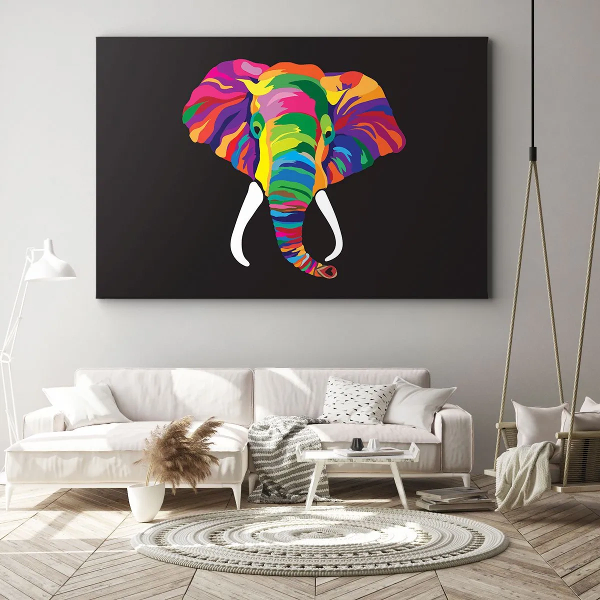 Impression sur toile - Image sur toile - Une image colorée d'un éléphant sur fond noir - 70x50cm - L'éléphant qui aimait se baigner dans un arc-en-ciel - Décoration murale moderne pour le salon et la chambre ARTTOR