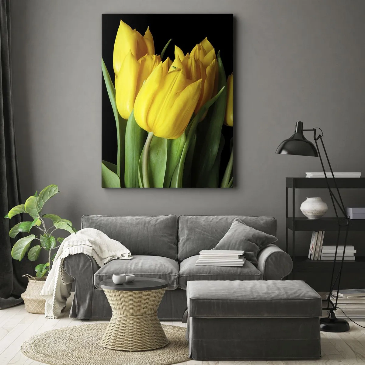Impression sur toile - Image sur toile - Un bouquet de tulipes jaunes sur fond noir - 70x100cm - Lever de soleil pur - Décoration murale moderne pour le salon et la chambre ARTTOR