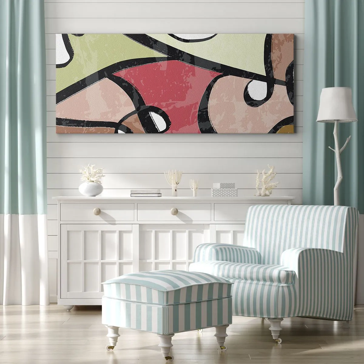 Impression sur toile - Image sur toile - Formes abstraites colorées avec des lignes noires - 140x50cm - Pirouettes parmi les couleurs - Décoration murale moderne pour le salon et la chambre ARTTOR