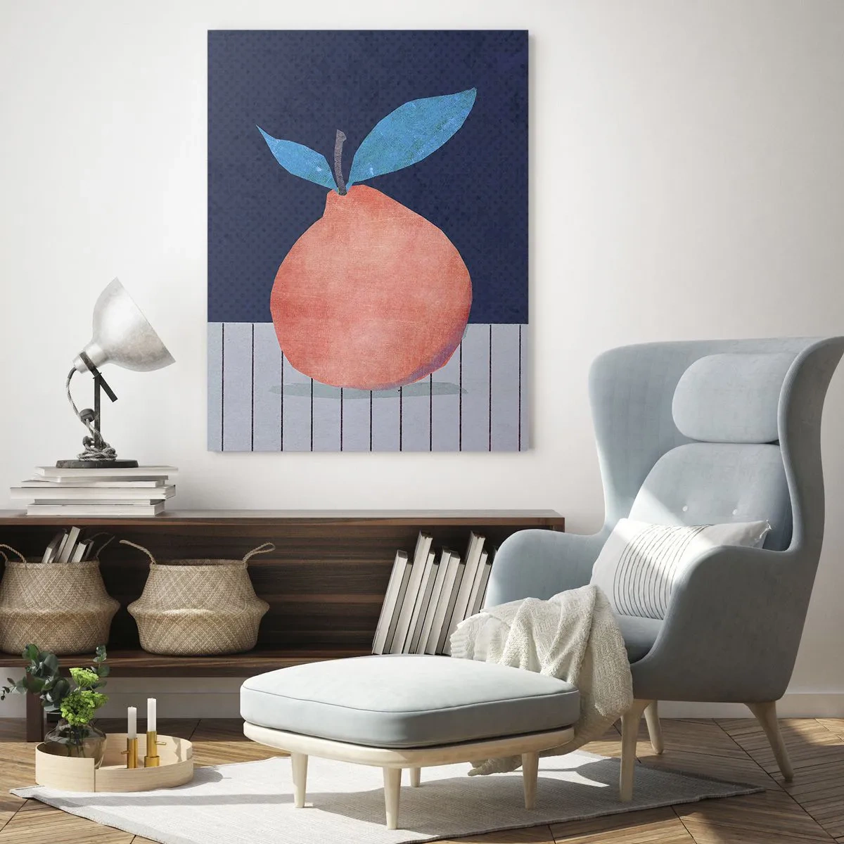 Impression sur verre - Image sur verre - Fruit abstrait sur fond de couleurs contrastées et de lignes droites. - 70x100cm - Convexité et plan - Décoration murale moderne pour le salon et la chambre ARTTOR