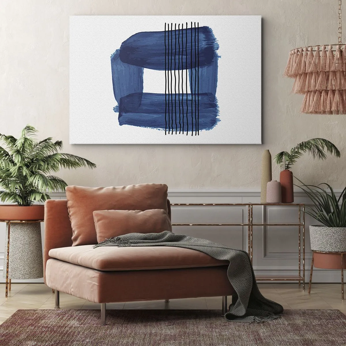 Impression sur toile - Image sur toile - Motif abstrait dans des tons de bleu avec des lignes noires - 70x50cm - Composition noire-bleue - Décoration murale moderne pour le salon et la chambre ARTTOR