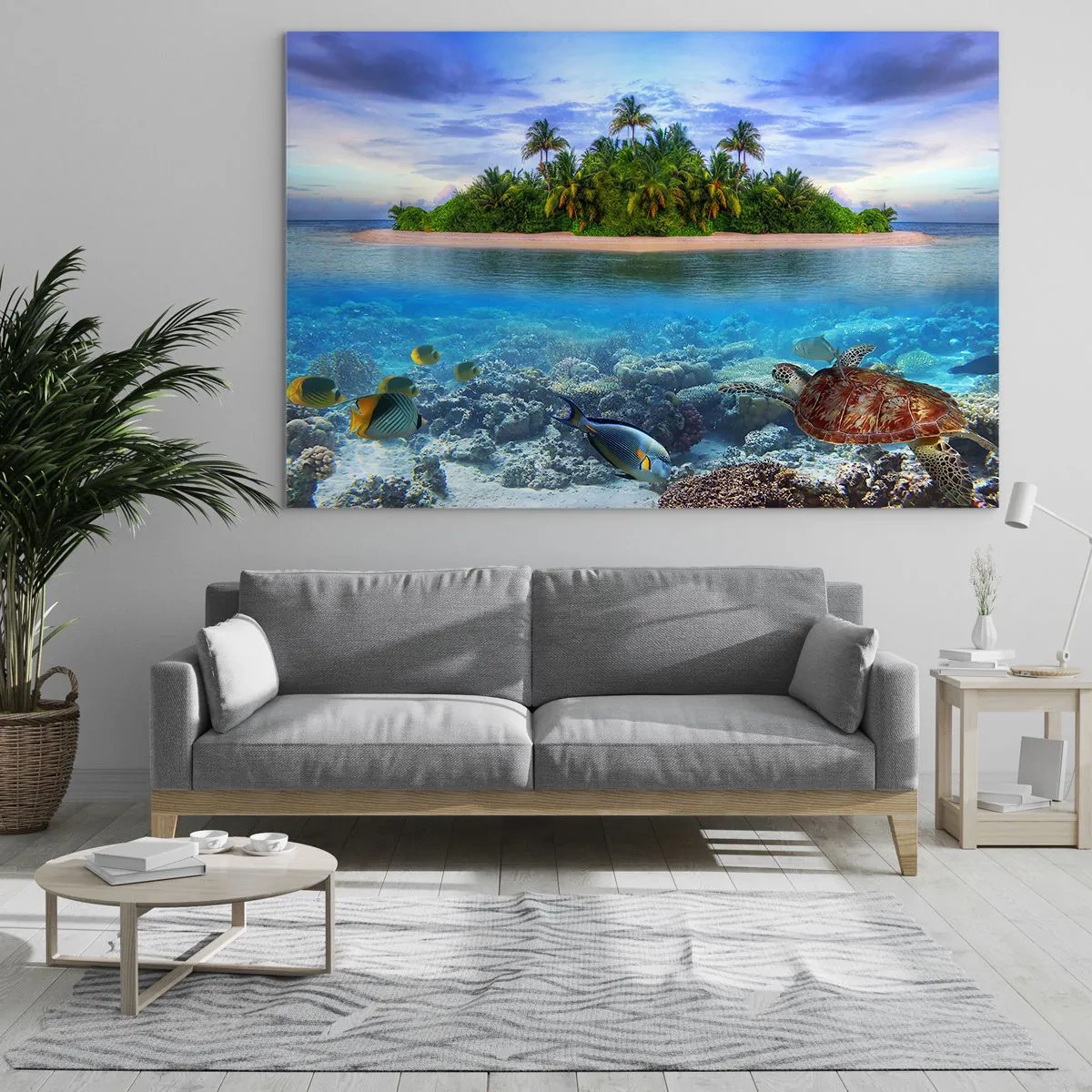 Impression sur verre - Image sur verre - Une île tropicale avec un récif corallien et une vie marine - 120x80cm - L'île céleste vous invite - Décoration murale moderne pour le salon et la chambre ARTTOR