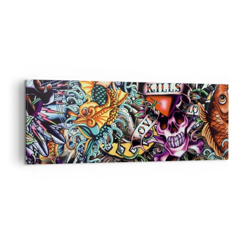 Impression sur toile - Image sur toile - Œuvre d'art colorée de style tatouage avec des crânes et des motifs nautiques - 140x50cm - Le rêve du tatoueur - Décoration murale moderne pour le salon et la chambre ARTTOR