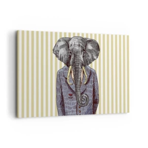 Impression sur toile - Image sur toile - Un éléphant en costume sur fond de rayures beiges - 120x80cm - Élégant par nature - Décoration murale moderne pour le salon et la chambre ARTTOR