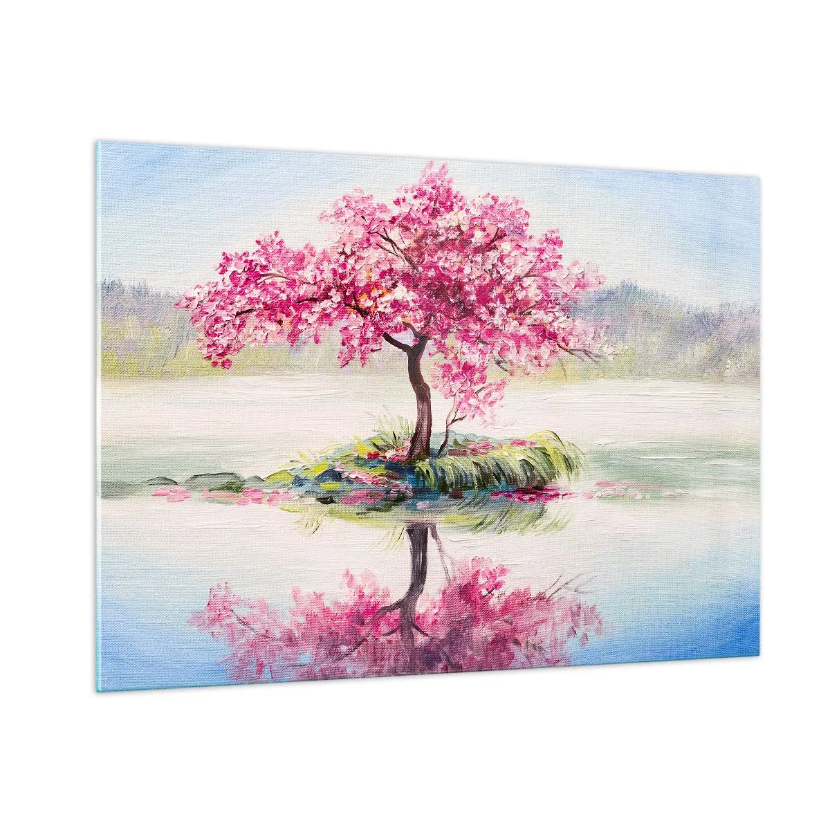 Impression sur verre - Image sur verre - Un arbre rose sur une île se reflétant dans l'eau calme - 100x70cm - Fête du Printemps - Décoration murale moderne pour le salon et la chambre ARTTOR