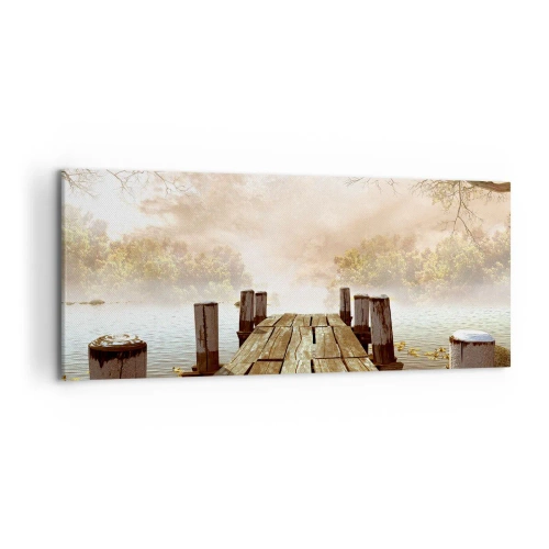 Impression sur toile - Image sur toile - Une jetée en bois menant à un lac calme dans la brume matinale - 120x50cm - La douce tristesse de l'automne - Décoration murale moderne pour le salon et la chambre ARTTOR