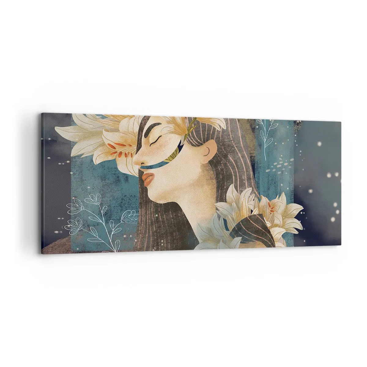 Impression sur toile - Image sur toile - Portrait d'une femme avec des fleurs dans un style artistique sur fond sombre - 120x50cm - Conte de fée sur la princesse lilas - Décoration murale moderne pour le salon et la chambre ARTTOR