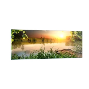Impression sur verre - Image sur verre - Paysage verdoyant avec un lac au coucher du soleil - 140x50cm - Paysage dans un cadre verdoyant - Décoration murale moderne pour le salon et la chambre ARTTOR