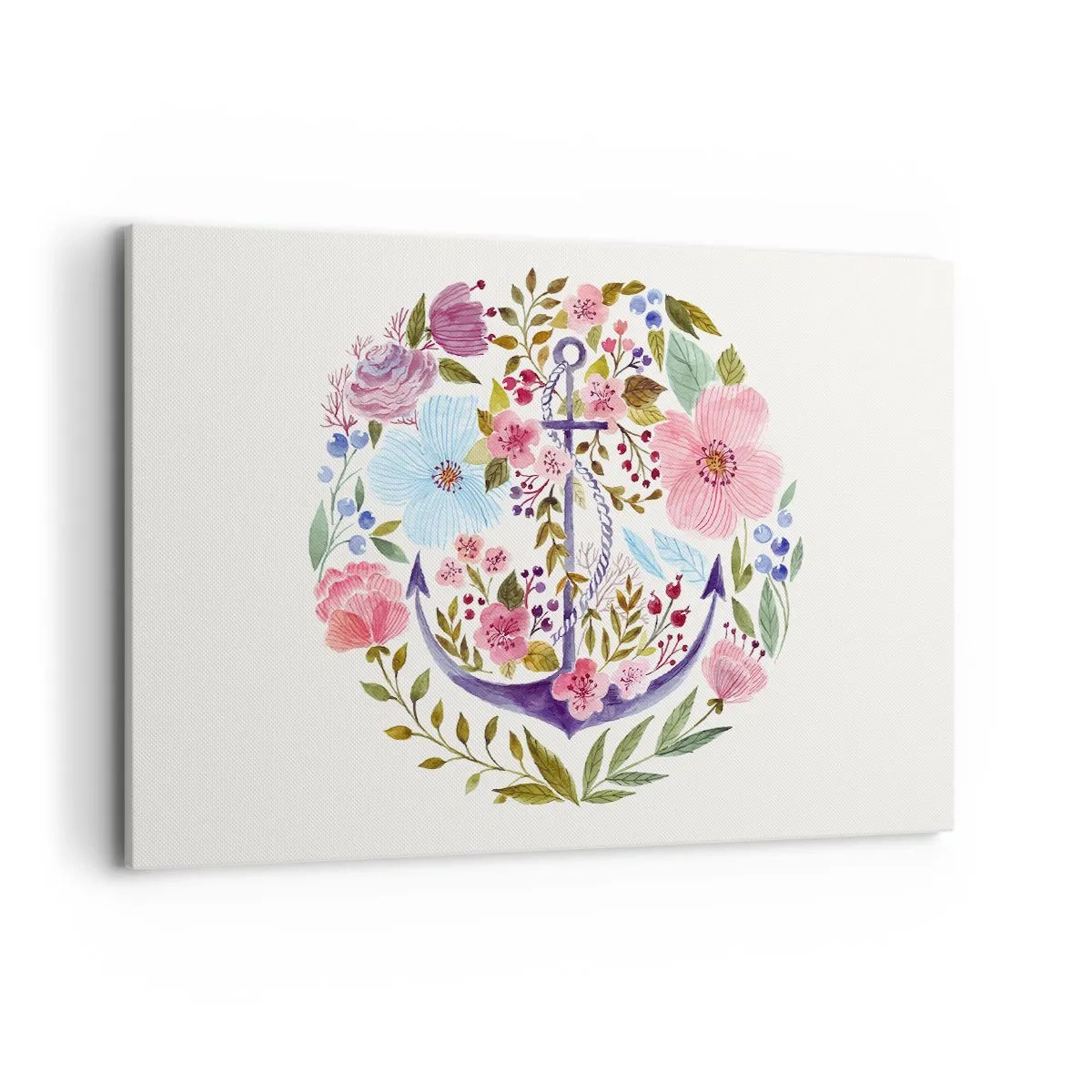 Impression sur toile - Image sur toile - Une ancre entourée de fleurs à l'aquarelle sur un fond clair - 120x80cm - Le beau rêve du marin - Décoration murale moderne pour le salon et la chambre ARTTOR