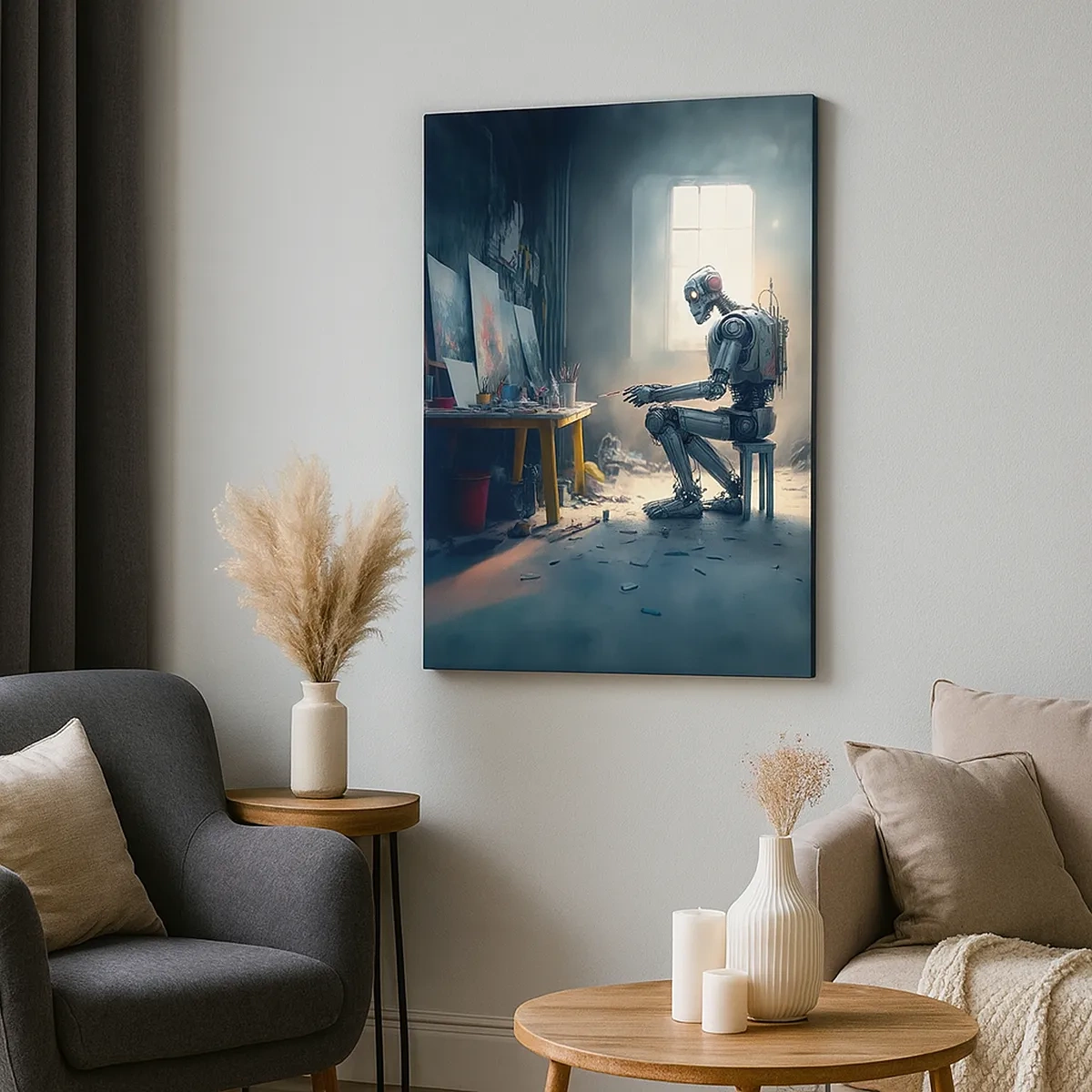 Impression sur toile - Image sur toile - Un robot peignant un tableau dans un atelier d'art - 50x70cm - L'acte de création - Décoration murale moderne pour le salon et la chambre ARTTOR