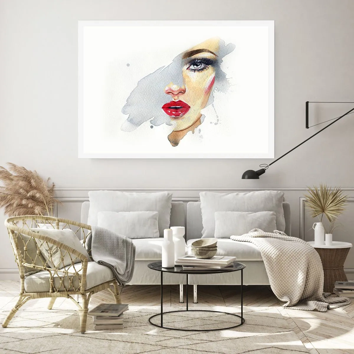 Affiche - Poster - Portrait à l'aquarelle d'une femme au regard intense. - 100x70cm - Reflet dans une goutte d'eau - Décoration murale moderne pour le salon et la chambre ARTTOR