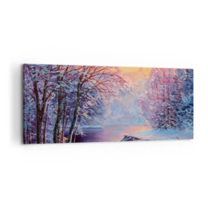 Impression sur toile - Image sur toile - Paysage d'hiver avec rivière et arbres au lever du soleil - 120x50cm - Couleurs d'hiver - Décoration murale moderne pour le salon et la chambre ARTTOR