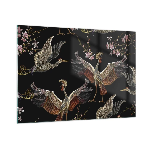 Impression sur verre - Image sur verre - Oiseaux en vol avec des fleurs sur fond noir, style rétro - 100x70cm - Un oiseau de conte de fées - Décoration murale moderne pour le salon et la chambre ARTTOR