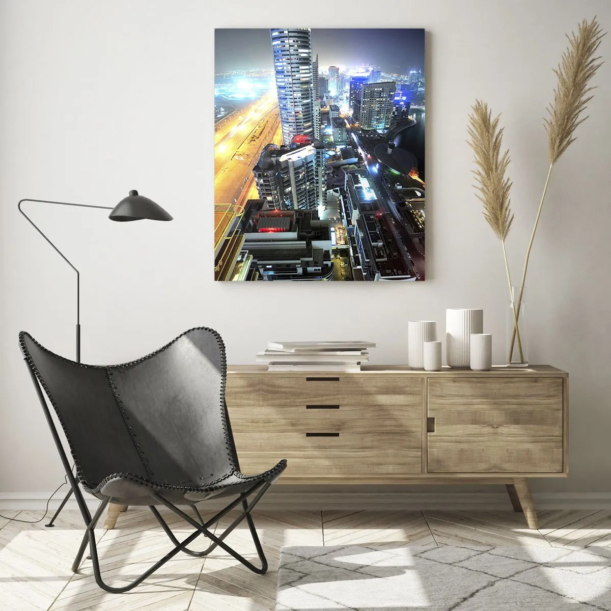 Impression sur verre - Image sur verre - Panorama de la ville nocturne avec des gratte-ciel illuminés - 50x70cm - Un miracle dans le désert - Décoration murale moderne pour le salon et la chambre ARTTOR