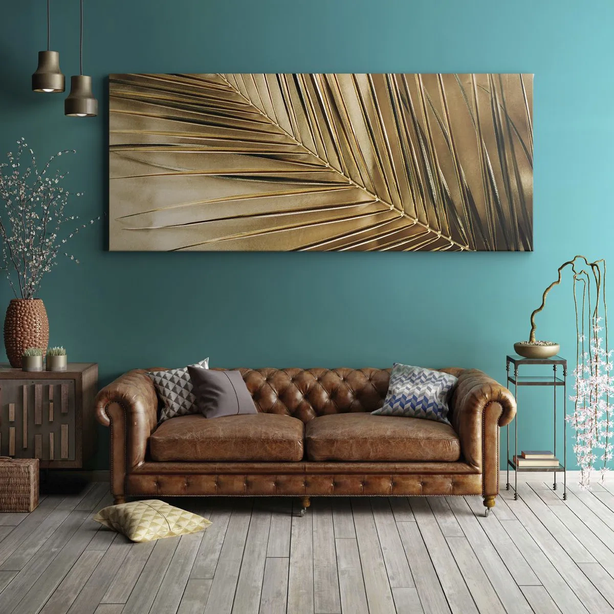Impression sur toile - Image sur toile - Feuille de palmier dorée sur fond uni - 120x50cm - Colonnade naturelle - Décoration murale moderne pour le salon et la chambre ARTTOR