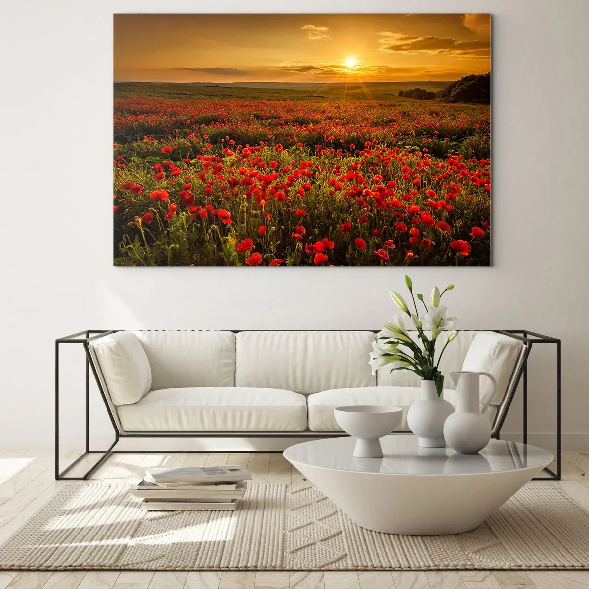Impression sur verre - Image sur verre - Un champ de coquelicots illuminé par les rayons du soleil couchant - 120x80cm - Parmi les vagues des prairies bruissantes, parmi les fleurs du déluge - Décoration murale moderne pour le salon et la chambre ARTTOR