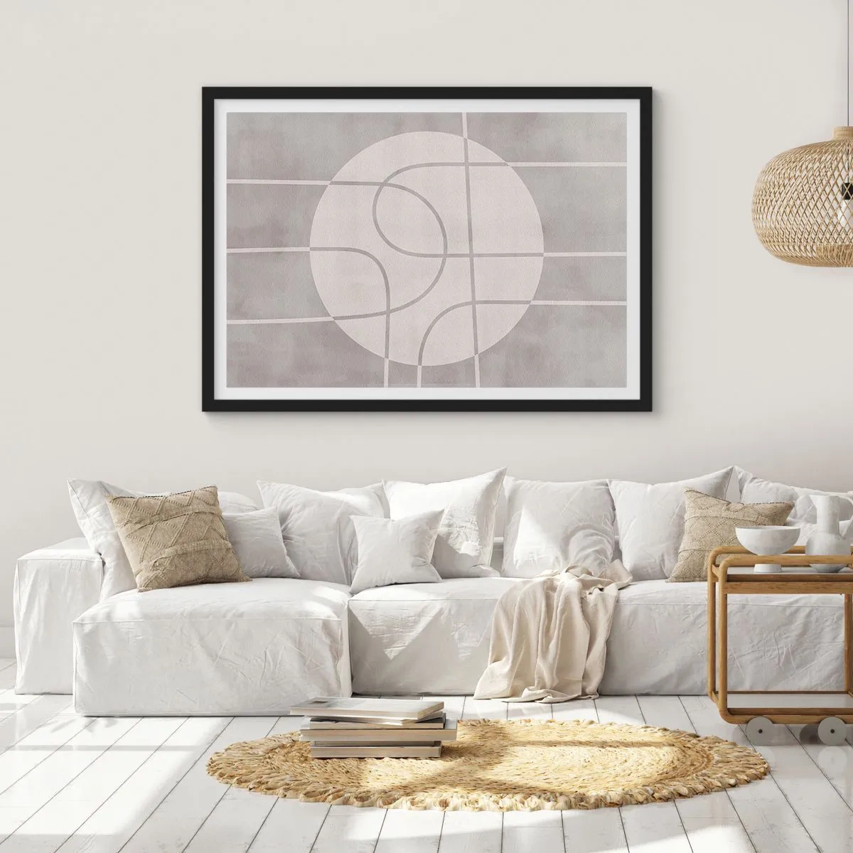 Affiche dans un cadre noir - Poster - Motif géométrique dans les tons de gris et de blanc - 70x50cm - Circulaire et tout droit - Décoration murale moderne pour le salon et la chambre ARTTOR