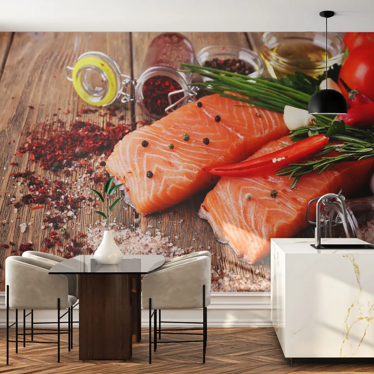 Papier Peint Autocollant Deluxe Sticker - Aventure norvégienne dans la cuisine - La gastronomie, Saumon, Épices - 250x175 cm