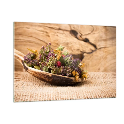 Impression sur verre - Image sur verre - Herbes séchées dans une cuillère en bois sur un fond rustique - 120x80cm - Fleurs colorées et herbes parfumées - Décoration murale moderne pour le salon et la chambre ARTTOR