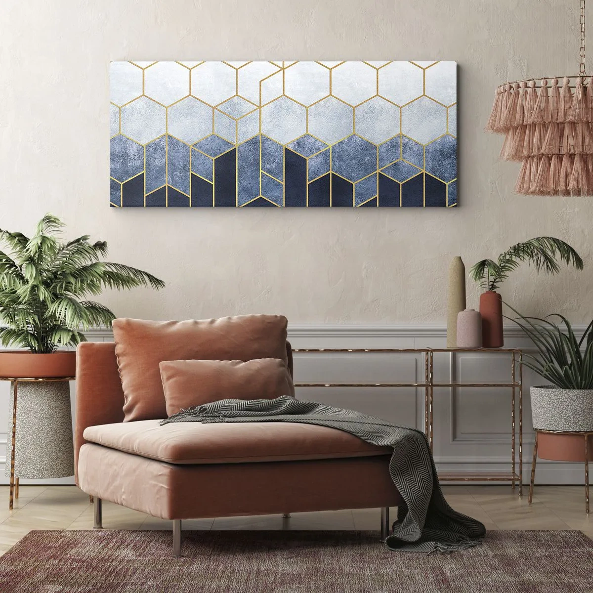 Impression sur toile - Image sur toile - Motif géométrique dans les tons or et bleu marine - 160x50cm - Composition en rythme syncopé - Décoration murale moderne pour le salon et la chambre ARTTOR