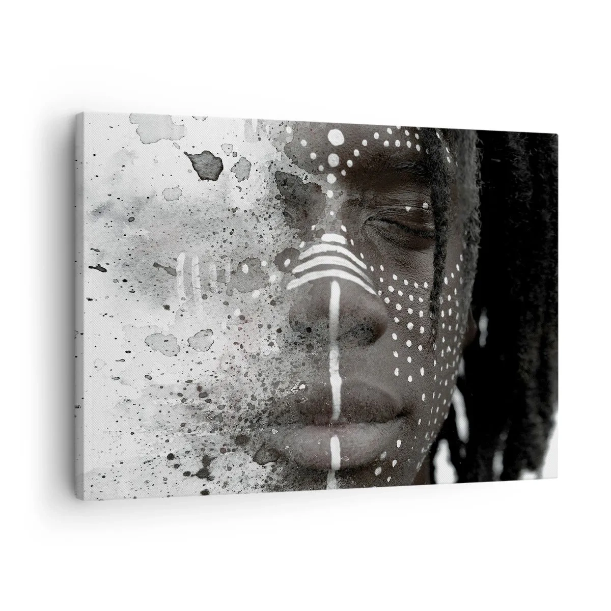 Impression sur toile - Image sur toile - Portrait de visage artistique avec des motifs blancs abstraits - 70x50cm - Découvrez l'esprit primal - Décoration murale moderne pour le salon et la chambre ARTTOR