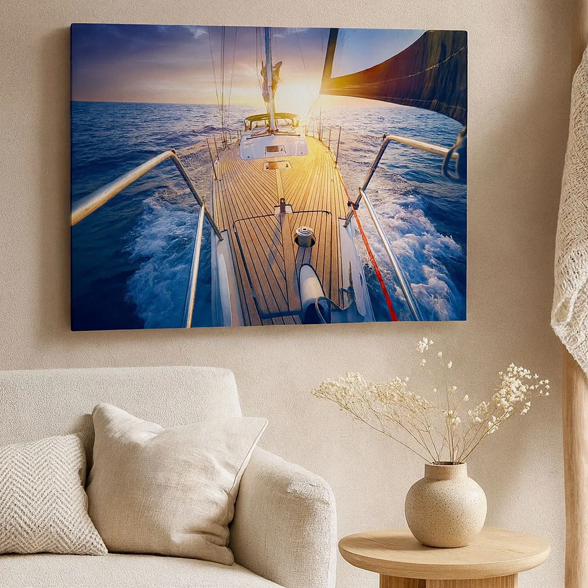 Impression sur toile - Image sur toile - Yacht en mer au coucher du soleil - 70x50cm - Courir sur les vagues - Décoration murale moderne pour le salon et la chambre ARTTOR