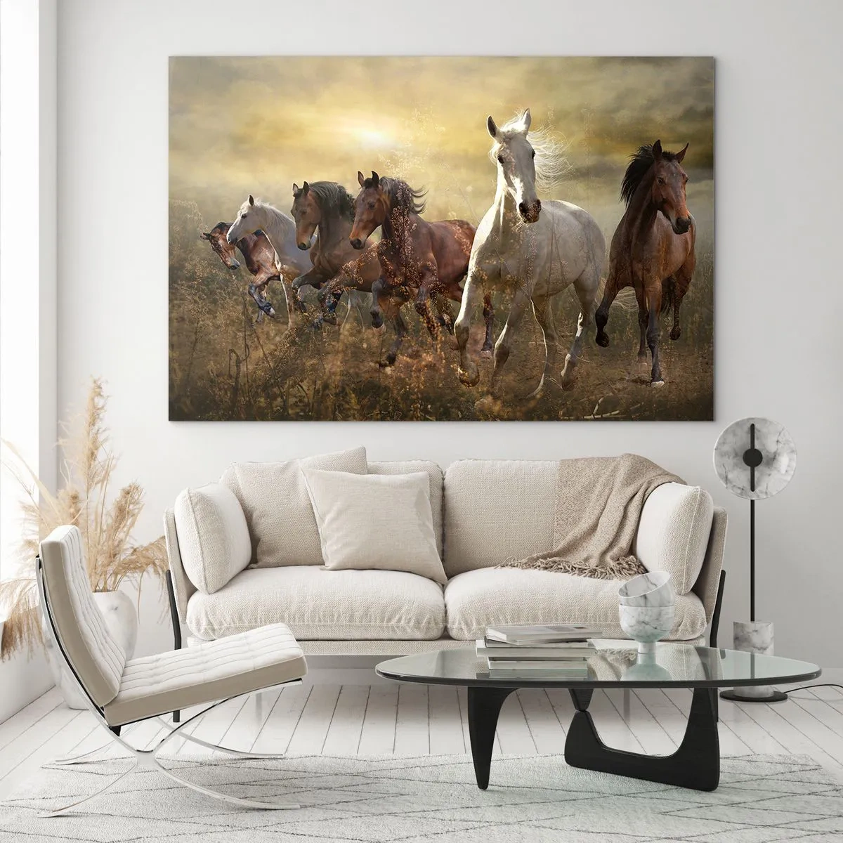 Impression sur verre - Image sur verre - Un troupeau de chevaux galopant dans les rayons du soleil couchant - 120x80cm - Vive la liberté! - Décoration murale moderne pour le salon et la chambre ARTTOR