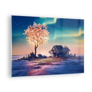 Impression sur verre - Image sur verre - Un paysage magique avec un arbre en fleurs et un chalet - 70x50cm - La nature ne passe pas - Décoration murale moderne pour le salon et la chambre ARTTOR