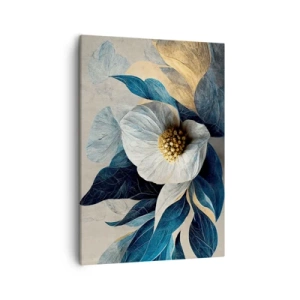 Impression sur toile - Image sur toile - Une fleur aux feuilles bleues sur un fond élégant - 50x70cm - Il a un coeur d'or - Décoration murale moderne pour le salon et la chambre ARTTOR